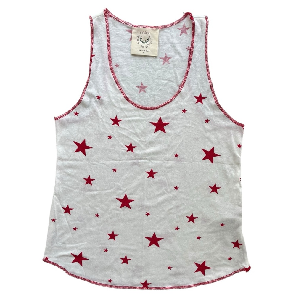 Fantastic Fawn Women’s L Cream & Red Star USA Pattern Racerback Tank Top KT92085